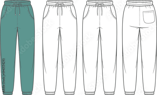 Technical flat drawing fashion illustration of cuffed jogger sweatpants with elastic drawstring waist and back patch pocket, ready for garment production CAD vector file