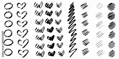 Abstract black scribbles and doodles arranged in vertical columns