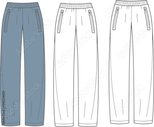 Technical flat drawing fashion illustration of elastic waist wide leg jogger pants with zipper pockets, ready for garment production specification sheet CAD vector