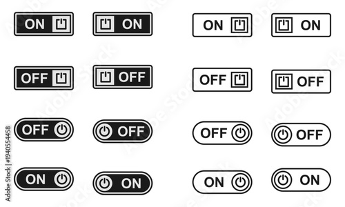 on off button icon set , rectangle and circle shape, vector illustration isolated on white background.