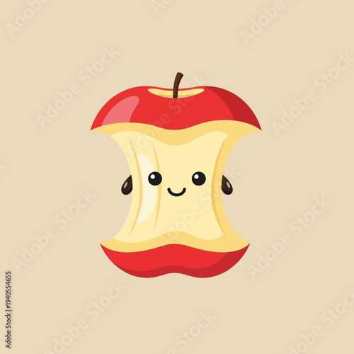 Cute apple core cartoon character with happy face and seeds, isolated on beige background.