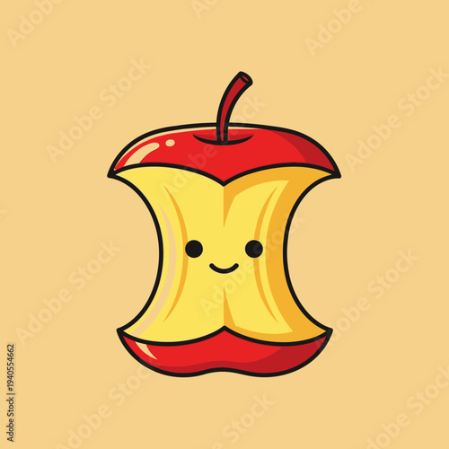 Cute apple core cartoon character with smiling face and stem, isolated on beige background.
