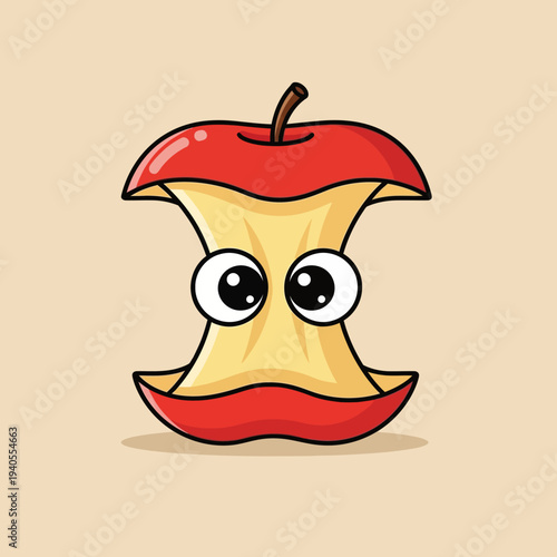 Cute apple core cartoon character with big eyes, funny fruit illustration