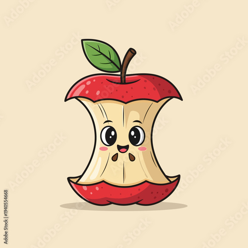 Cute apple core cartoon character with happy face, isolated on beige background