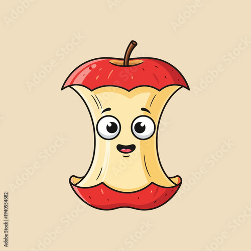 Cute Apple Core Character with Big Eyes and Smiling Face, Cartoon Style