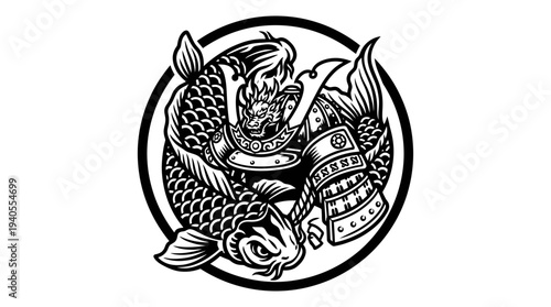 Koi Fish Wrapped Around Samurai Helmet Bold Vector T Shirt Design