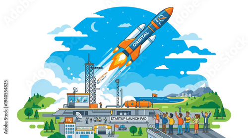 Rocket Launching into Blue Sky.