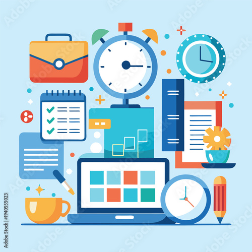  Time Management And Productivity Concept With Laptop Clock Calendar And Office Tools Flat Vector Illustration