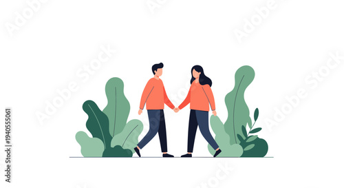 A Loving Couple Walking Together Hand-in-Hand Amidst Lush Greenery, Representing Connection and Partnership