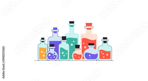 A captivating collection of colorful glass potion bottles filled with vibrant liquids, isolated on a transparent background.