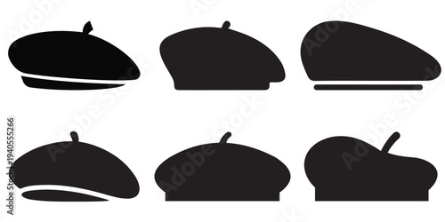 French Beret Hat Icon Set Vector – Classic Black Artist Berets, Hand-Drawn and Silhouette Collection for Fashion, 
Style, and Artistic Accessories Design