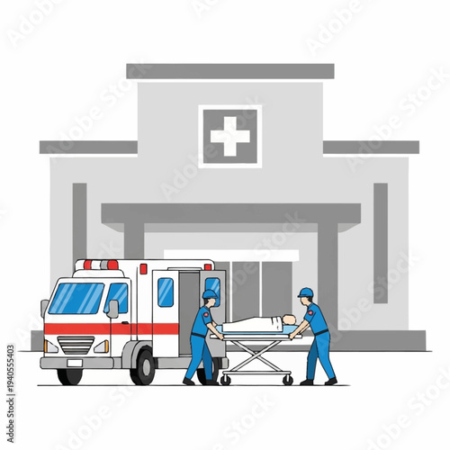 Ambulance crew transports patient into hospital entrance.