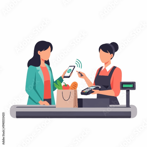 Customer paying with smartphone at grocery store checkout.