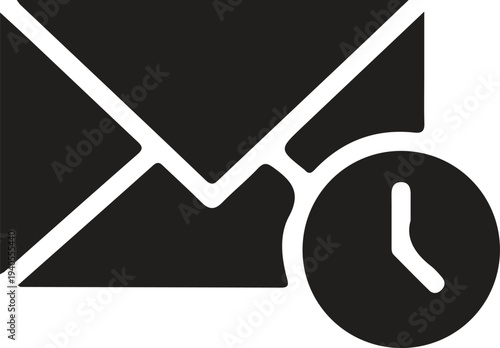 Black and white icon of an envelope with a clock, symbolizing email time or delivery status