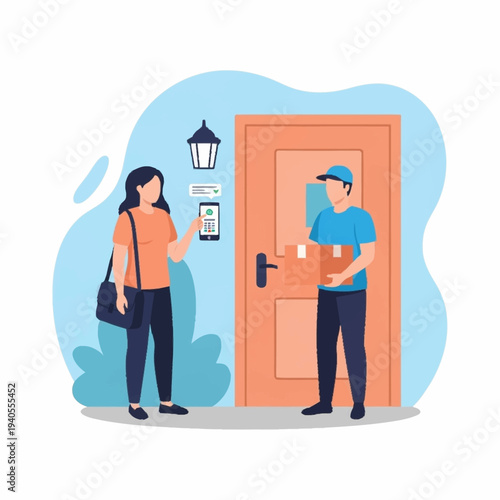 Delivery person hands package to woman at door.