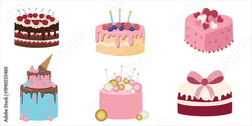 Obraz na płótnie Cute birthday cakes collection isolated on white background