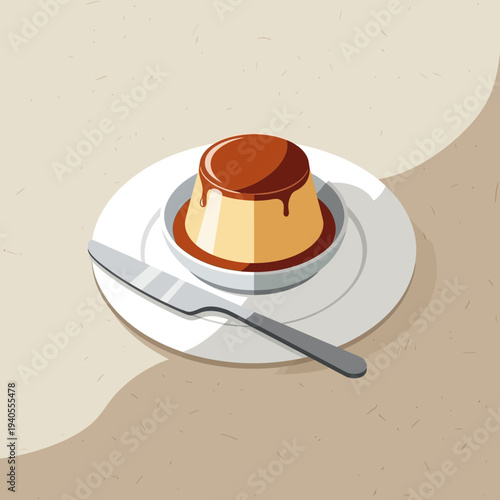 Delicious caramel custard pudding served on a white plate with a knife, dessert illustration