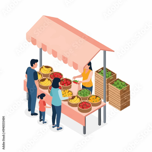 Family shopping at a vibrant fruit and vegetable market stall.