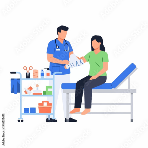 Doctor examining patients arm with medical equipment.