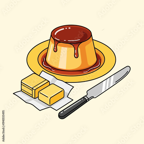Delicious Caramel Custard Pudding with Butter and Knife on Yellow Plate