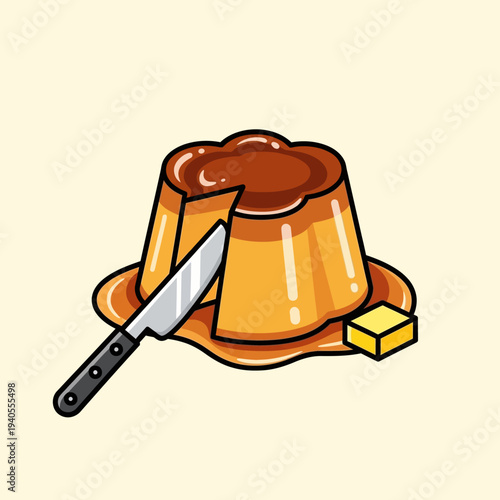 Delicious Caramel Custard Pudding with Butter and Knife, Dessert Food Illustration