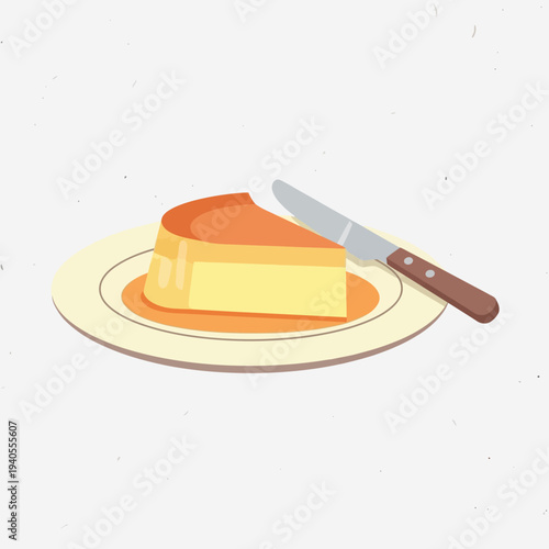 Delicious slice of caramel custard pudding on a plate with a knife, dessert food