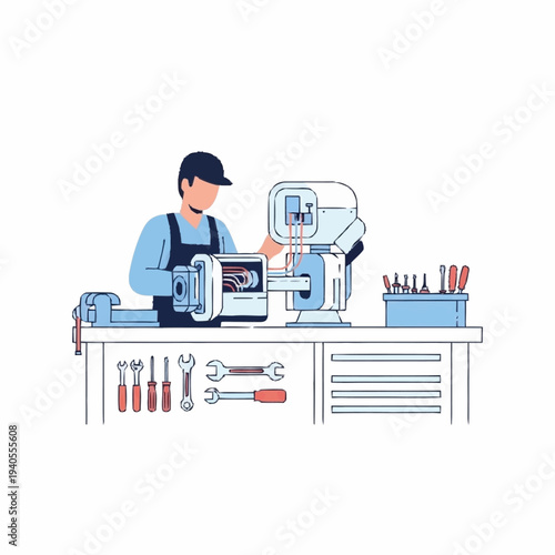 Mechanic working on complex machinery in workshop setting.