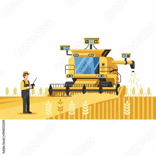 Modern farmer controlling autonomous combine harvester with remote device.