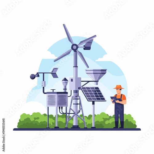 Modern Weather Station with Wind Turbine and Solar Panel.