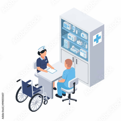 Nurse Consults Patient Sitting at Desk with Medical Cabinet.