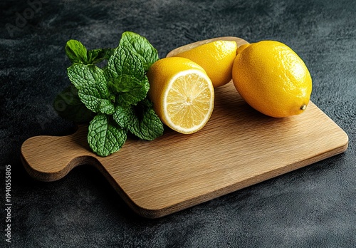 A close-up shot of fresh mint leaves, a halved lemon, and a whole lemon resting on a small wooden cutting board