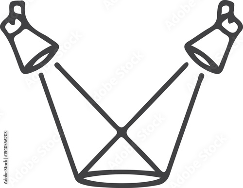 Minimalist line art illustration of two theater spotlights illuminating a central stage point.