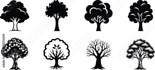 Collection of diverse tree silhouettes and illustrations