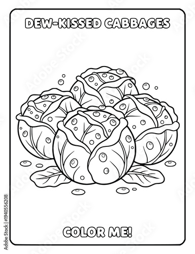 Cabbage coloring page shows fresh vegetables with dew drops on a white background
