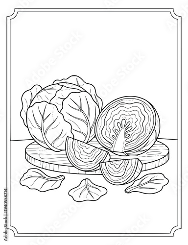 Cabbage coloring page features sliced vegetables on a round wooden board