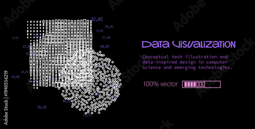 White circles and bars on black backdrop with purple numbers form a tech abstract. Conceptual vector illustration for data visualization and computer science themes.