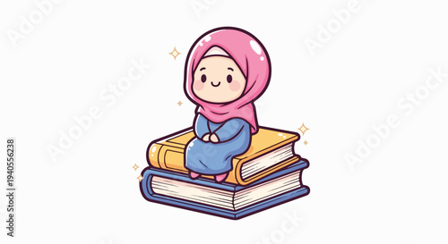Adorable cartoon Muslim girl in pink hijab happily sitting on a stack of books, symbolizing education, knowledge, and childhood learning.