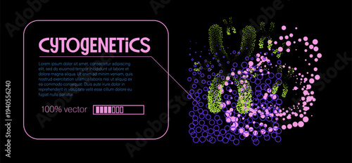X-shaped chromosome ideogram with green dots, pink-blue circles, purple text box, and arrow on dark background. Conceptual vector illustration for cytogenetics and biotech visualization themes.