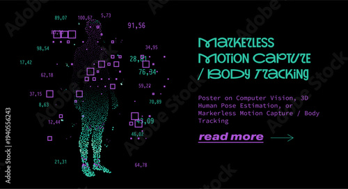 Human silhouette of teal dots and purple squares with coordinates for motion tracking on black background. Conceptual vector illustration for markerless motion capture and body tracking subjects.