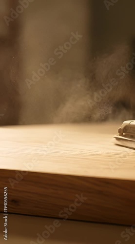 A power sander works on a wooden surface, creating dust and smoothness