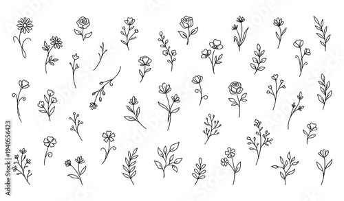 Tiny botanical line art flowers and leaves scattered vector illustration in minimalist tattoo style
