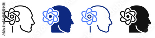 Vector icon or logo of human head with atom symbol related to data science, physics, artificial intelligence and machine learning. Symbol for website or app UI, logo design, illustration