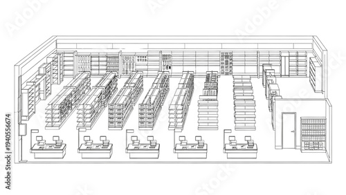 High Quality Black Line Art Retail Store Layout with Shelving Placement and Checkout Counters, Side View Architectural Technical Drawing