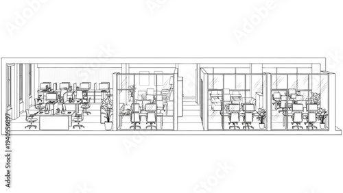 High Quality Black Line Art Modern Office Layout with Workstations, Meeting Rooms and Corridor Widths, Side View Architectural Technical Drawing