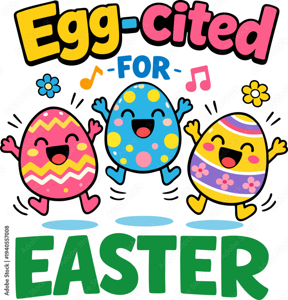 Naklejka premium Joyful cartoon Easter eggs with bunny ears dancing and jumping in excitement. Adorable kawaii-style characters in bright colors with sunglasses, music notes, flowers, hearts and big smiles.