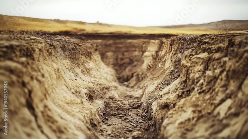 Wallpaper Mural Gully formation eroding dry cracked earth, illustrating environmental degradation and desertification from climate change creating a barren, arid landscape Torontodigital.ca
