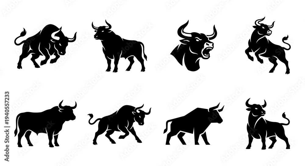 Obraz premium A collection of black bull silhouettes in various poses and movements