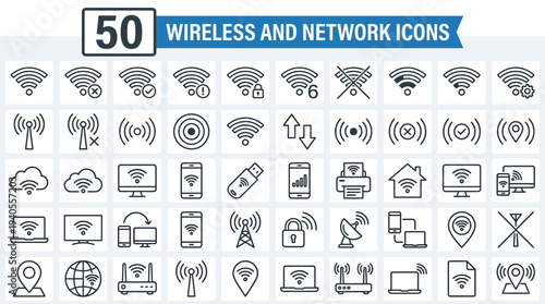 Wireless and Network vector line icon set. Contains linear outline icons like Connection, Signal, Internet, Phone, Radio, Computer, Wifi, Communication, Antenna. Editable use and stroke.