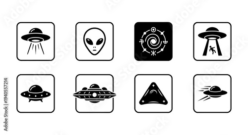 A collection of various UFO and alien spaceship designs and icons