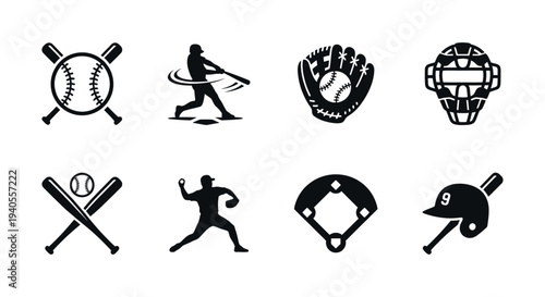 A collection of baseball icons and symbols in black and white